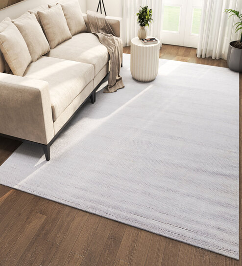 Ivory Geometrical Viscose 5 ft X 8 ft Hand Woven Carpet