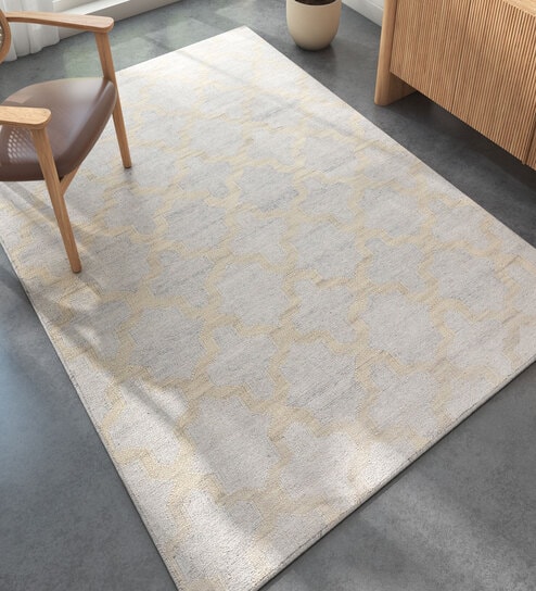 Ivory Geometrical Wool 5 ft X 8 ft Flat Weaves
