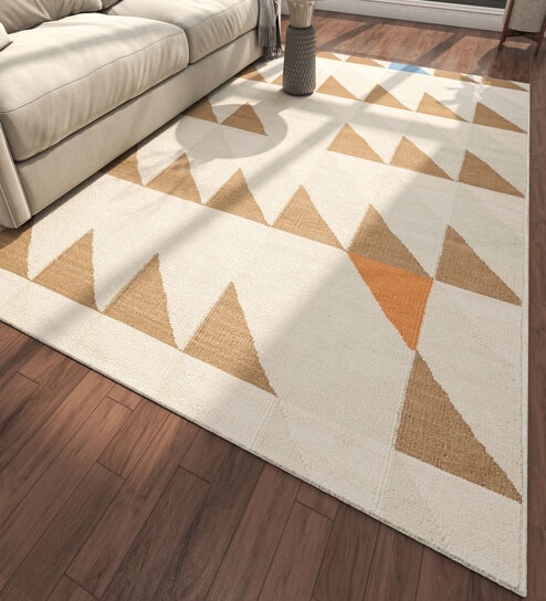 Ivory Geometrical Wool 5 ft X 8 ft Flat Weaves