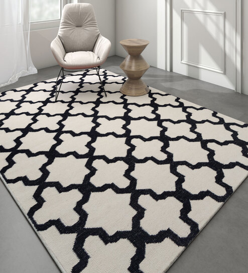 Ivory Geometrical Wool 5 ft X 8 ft Flat Weaves