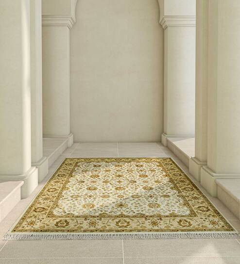 Ivory Oriental Silk 6 ft x 9 ft Hand Knotted Carpet