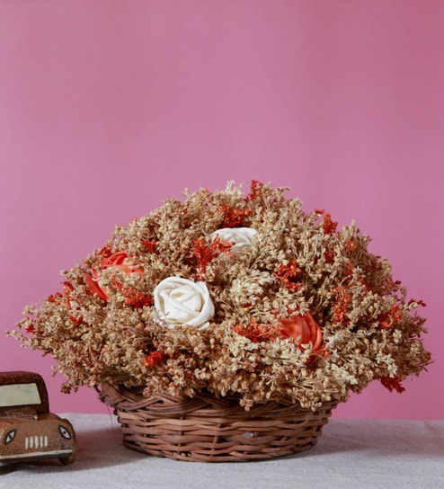Brown Wood Ivory Sola Arrangement Kashmiri Artificial Flowers