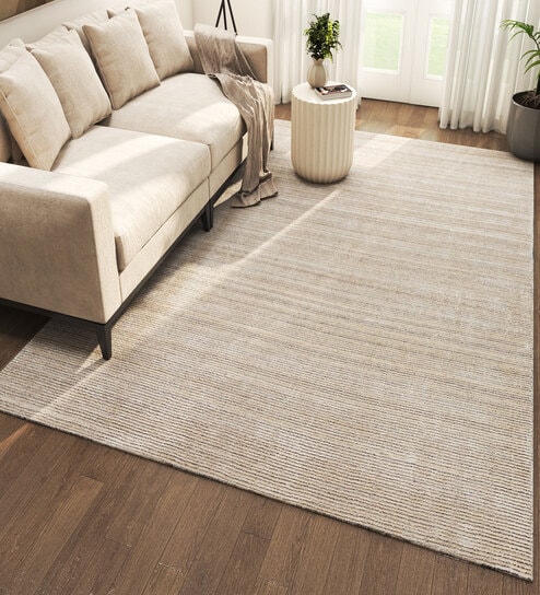 Ivory Solid Wool and Viscose 4 ft X 6 ft Hand Woven Carpet