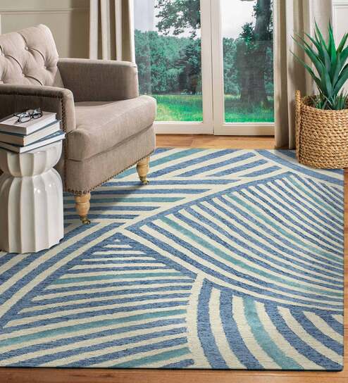 Blue Abstract Blended Wool 6 ft x 9 ft Hand Tufted Carpet