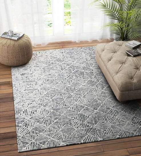 Ivory Wool Geometric 7.6 x 5.4 Feet Hand Tufted Carpet