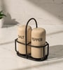 Ivory & Iron Salt & Pepper Set Ceramic Shakers with Metal Stand