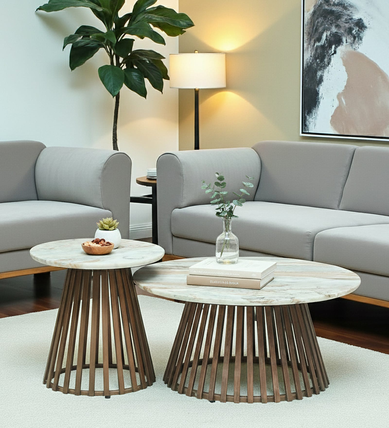 Izegem Metal Coffee Table  Set With Sawar Marble Top  In Antique Copper Finish