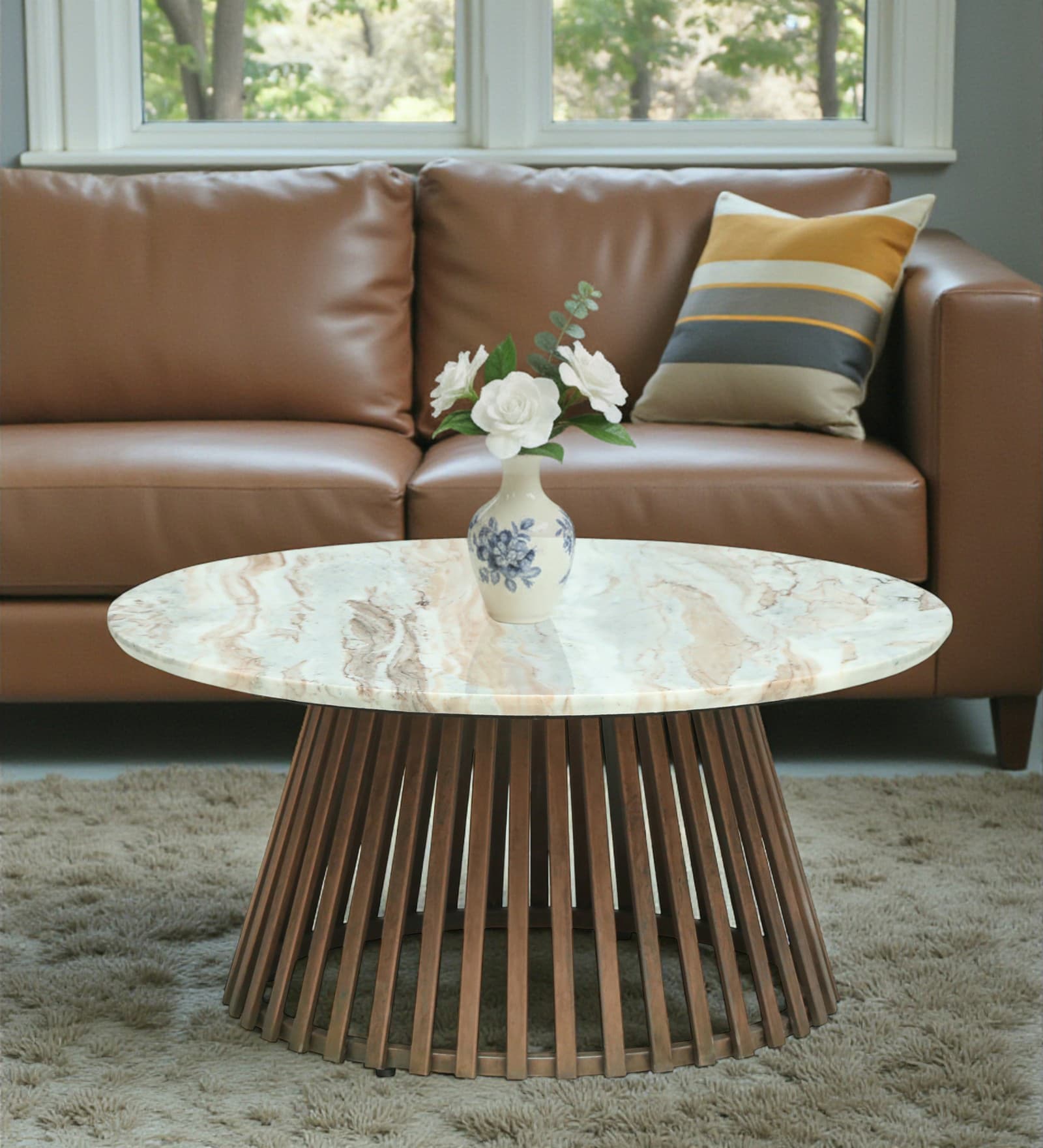 Izegem Metal Coffee Table With Sawar Marble Top In Antique Copper Finish