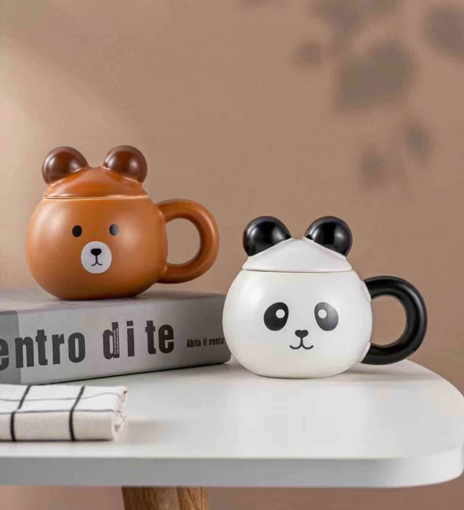 Animal Printed Ceramic Mugs with Lids for Kids (Pack of 2,375ml)
