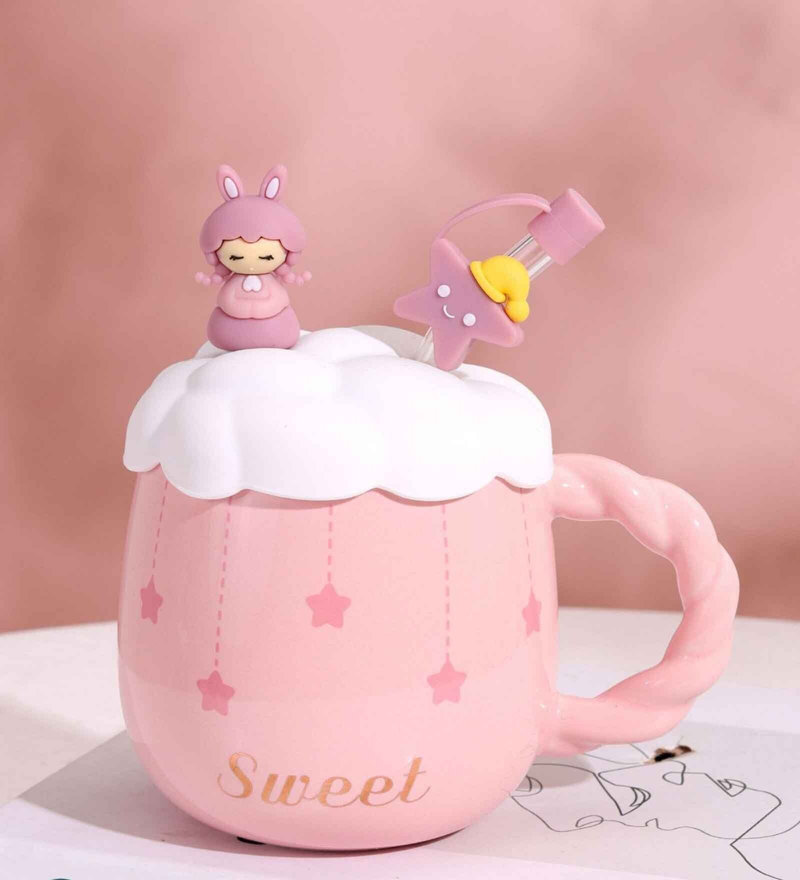 Kid's Ceramic Stars Printed Mug with Straw and Lid (420 ML)