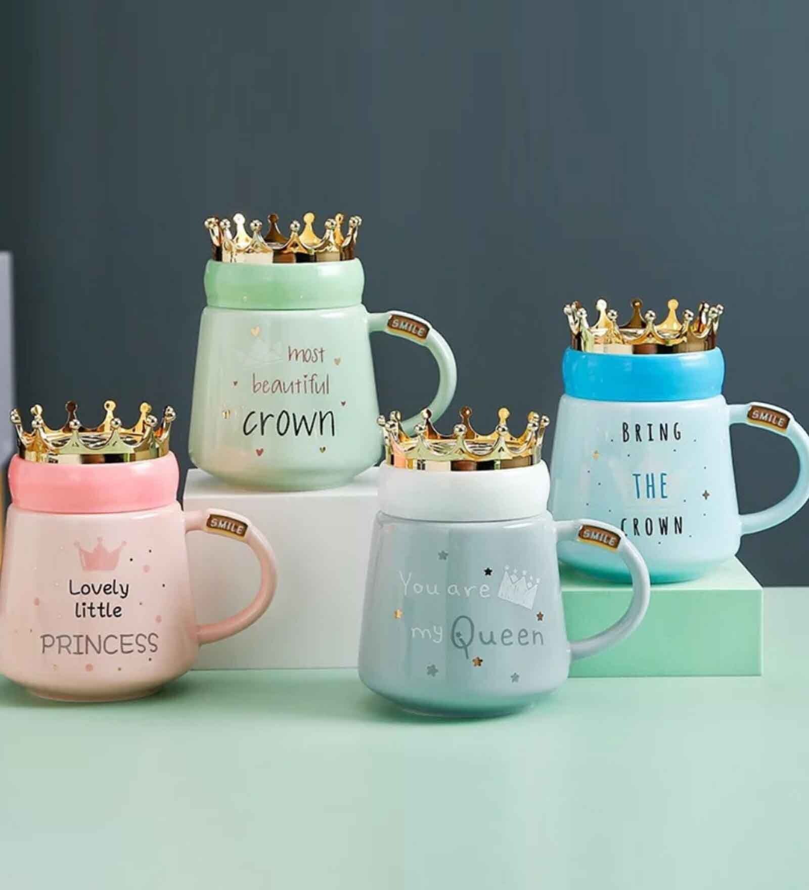 Printed Ceramic Mugs with Crown Lids (Pack of 4, 400 ML)