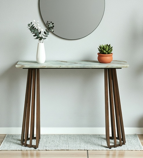 Izegem Metal Console Table With Sawar Marble Top In Antique Copper Finish