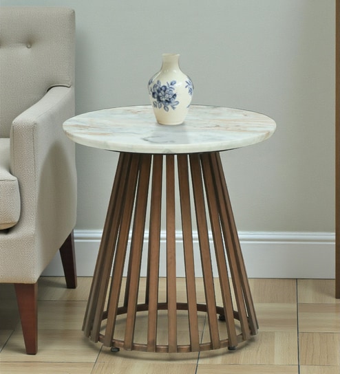 Izegem Metal Side Table With Sawar Marble Top In Antique Copper Finish