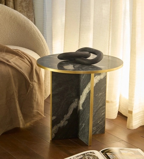 J-Lo Selvara Black Marble Side Table In Matte Finish