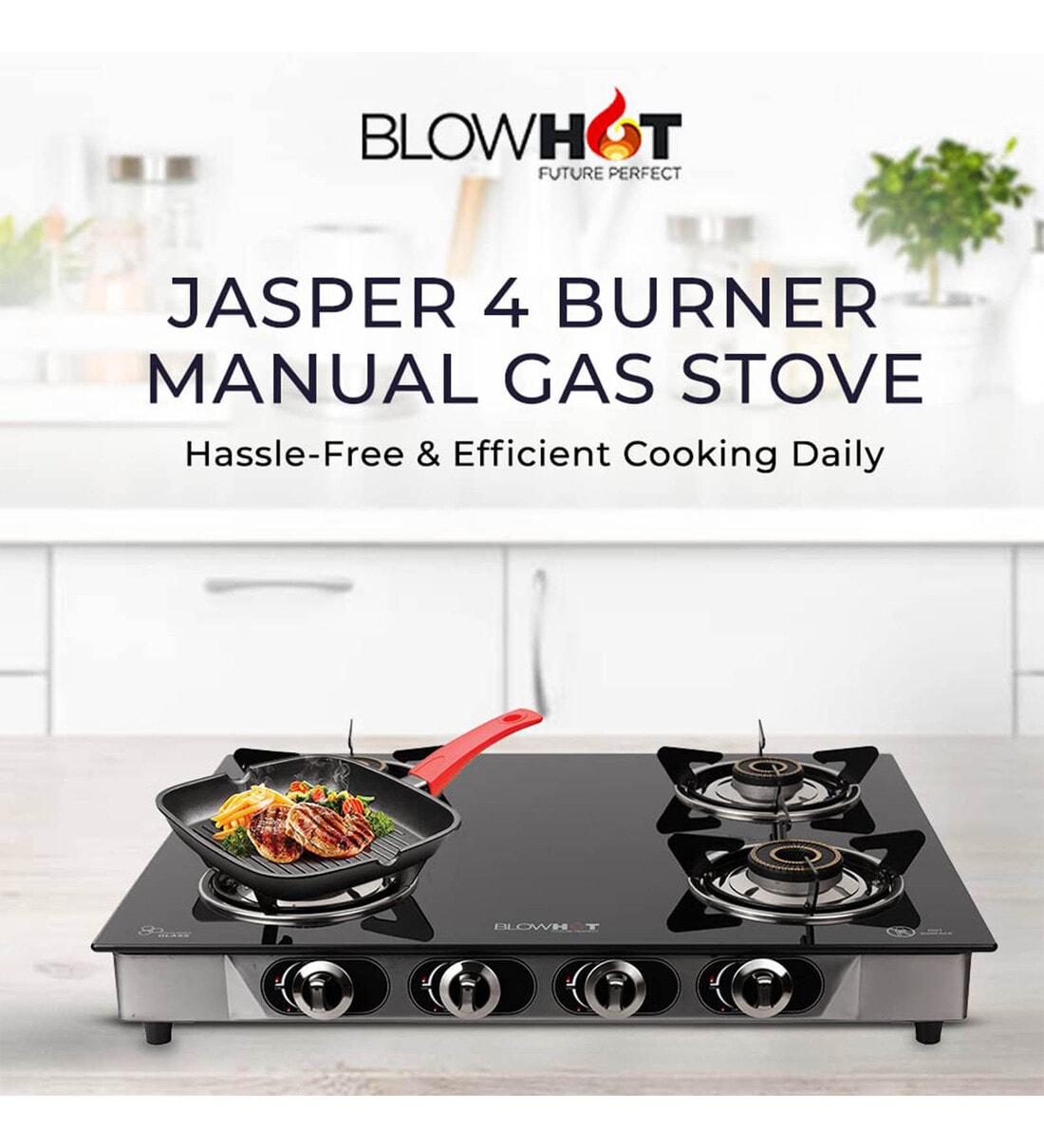 Buy Jasper Heavy Brass 4 Burner Manual Gas Stove Toughened Glass Cooktop Stainless Steel