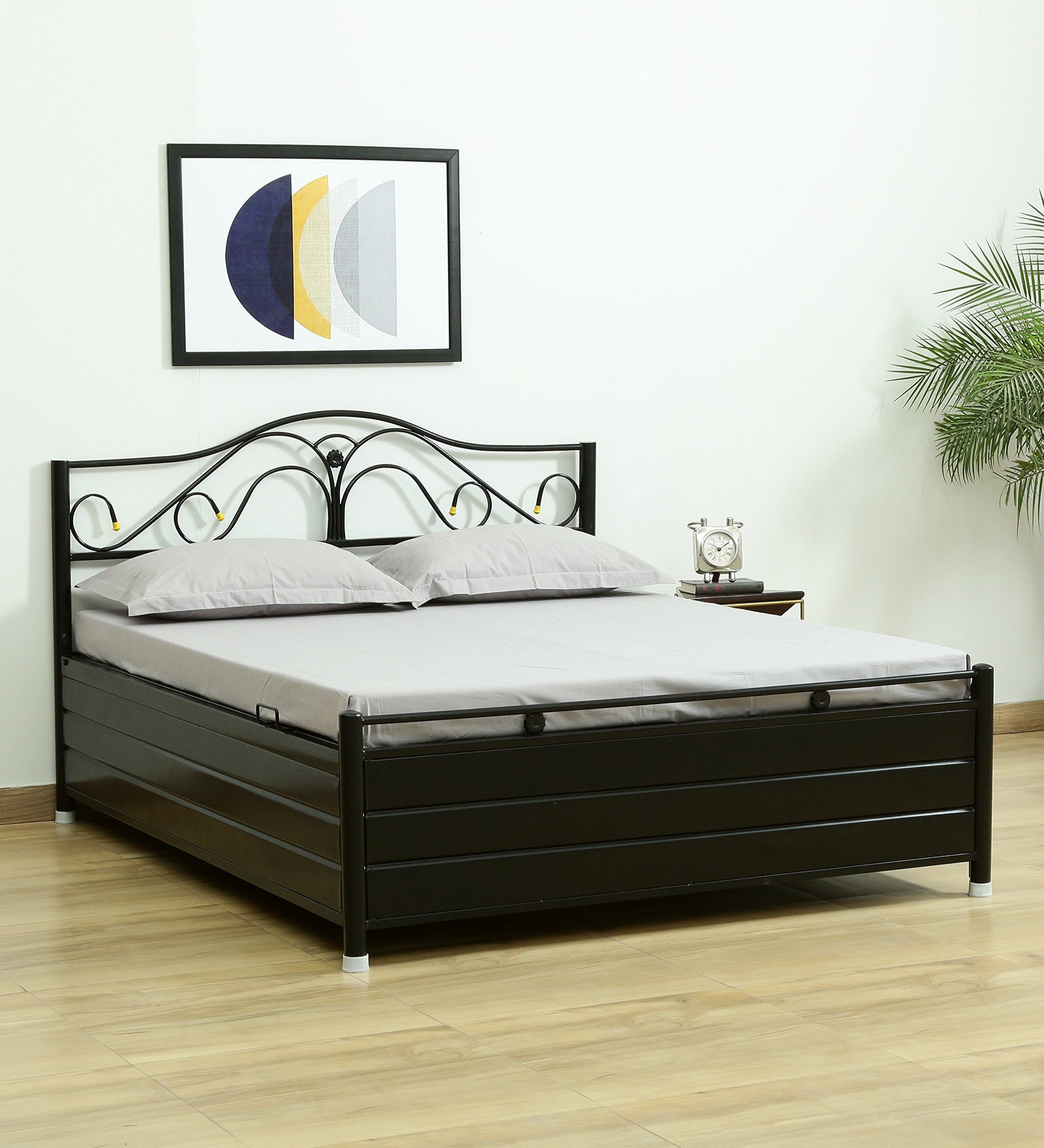 Jace Metal Queen Size Bed With Hydraulic Storage  In Black Colour