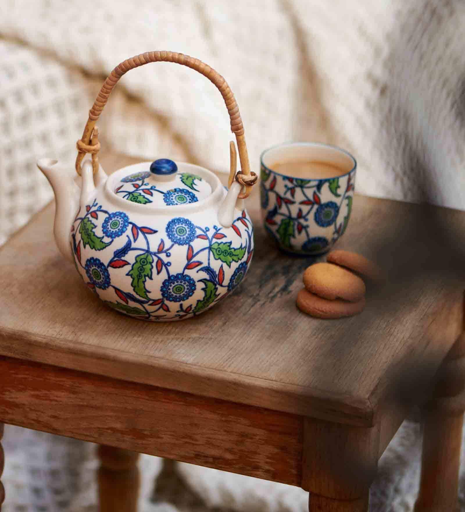 Jaipur Backyard 450ml White & Blue Ceramic Tea Pot