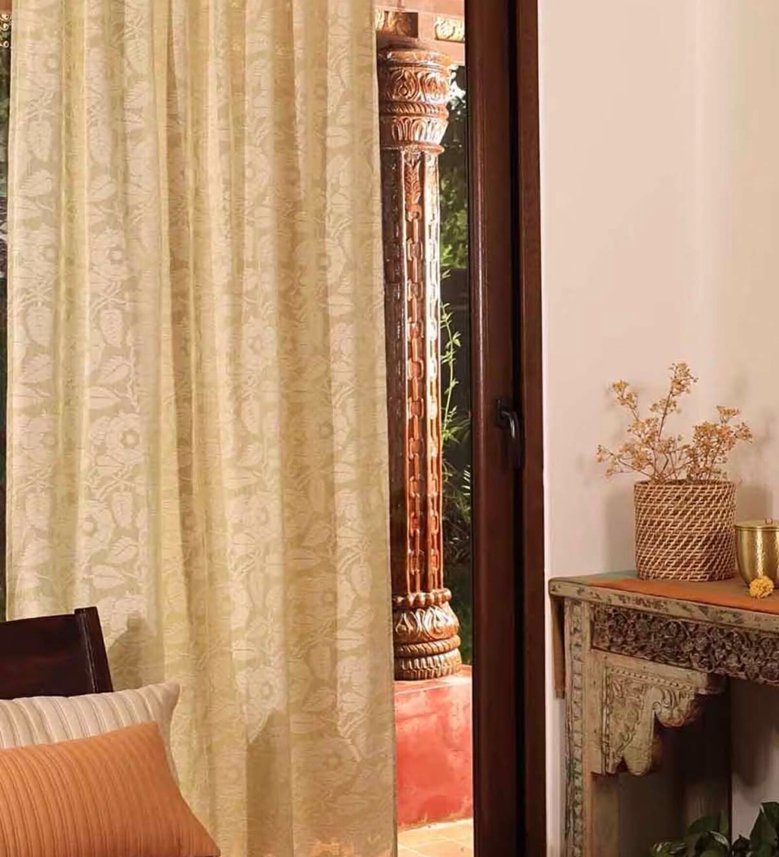 Jaipuri Hand Block Printed Pure Cotton Pear Green1Pc(7ft) Door Semi Sheer Curtains
