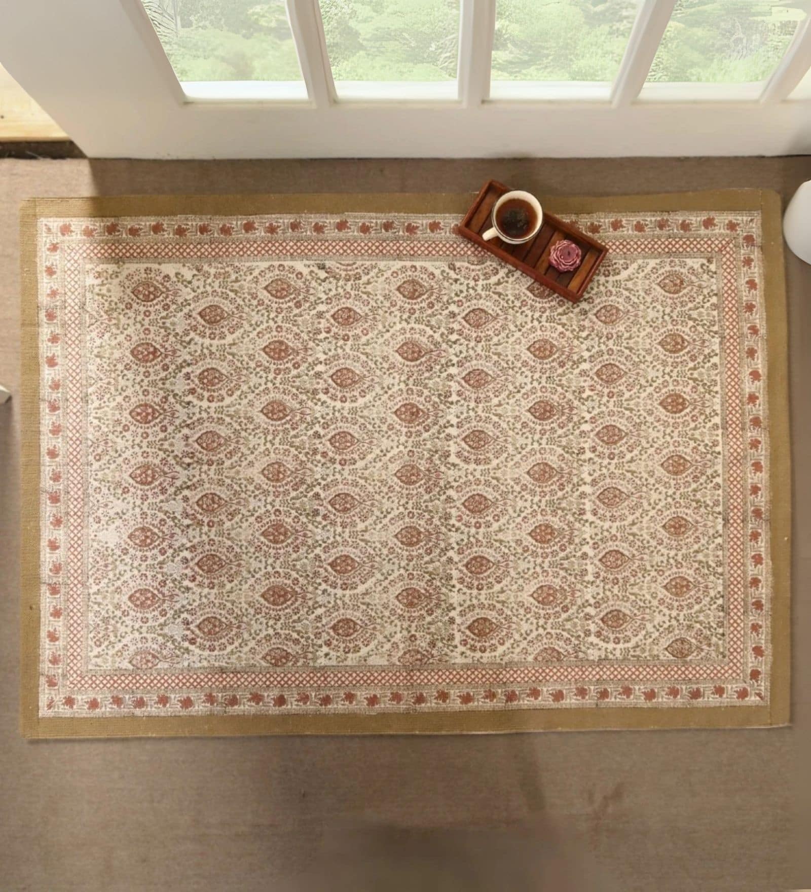 Jaipuri Handprinted Block Print Cotton 4x6 ft Rug Ivory and Rust