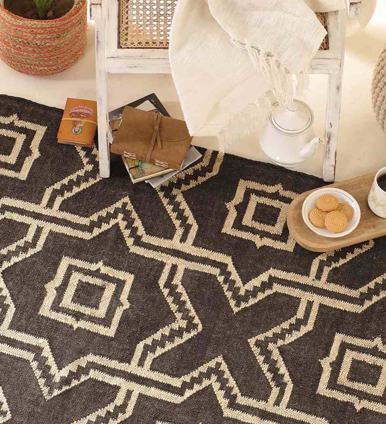 Jaipuri Handwoven Block Print Cotton 4x6 ft Rug Monochrome