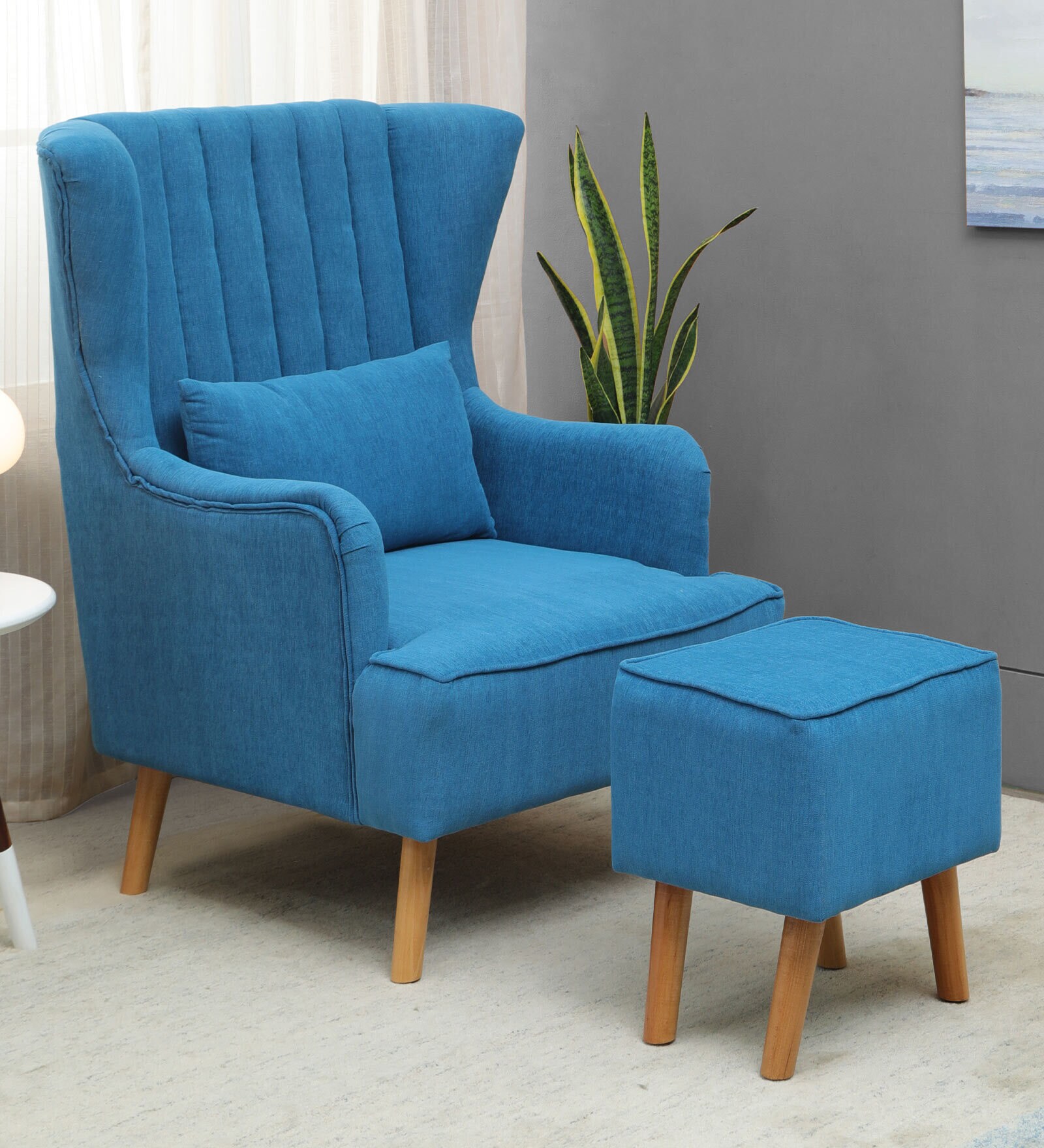 Jairo Fabric Wing Chair In Sea Blue Colour With Footrest With Foot Stool
