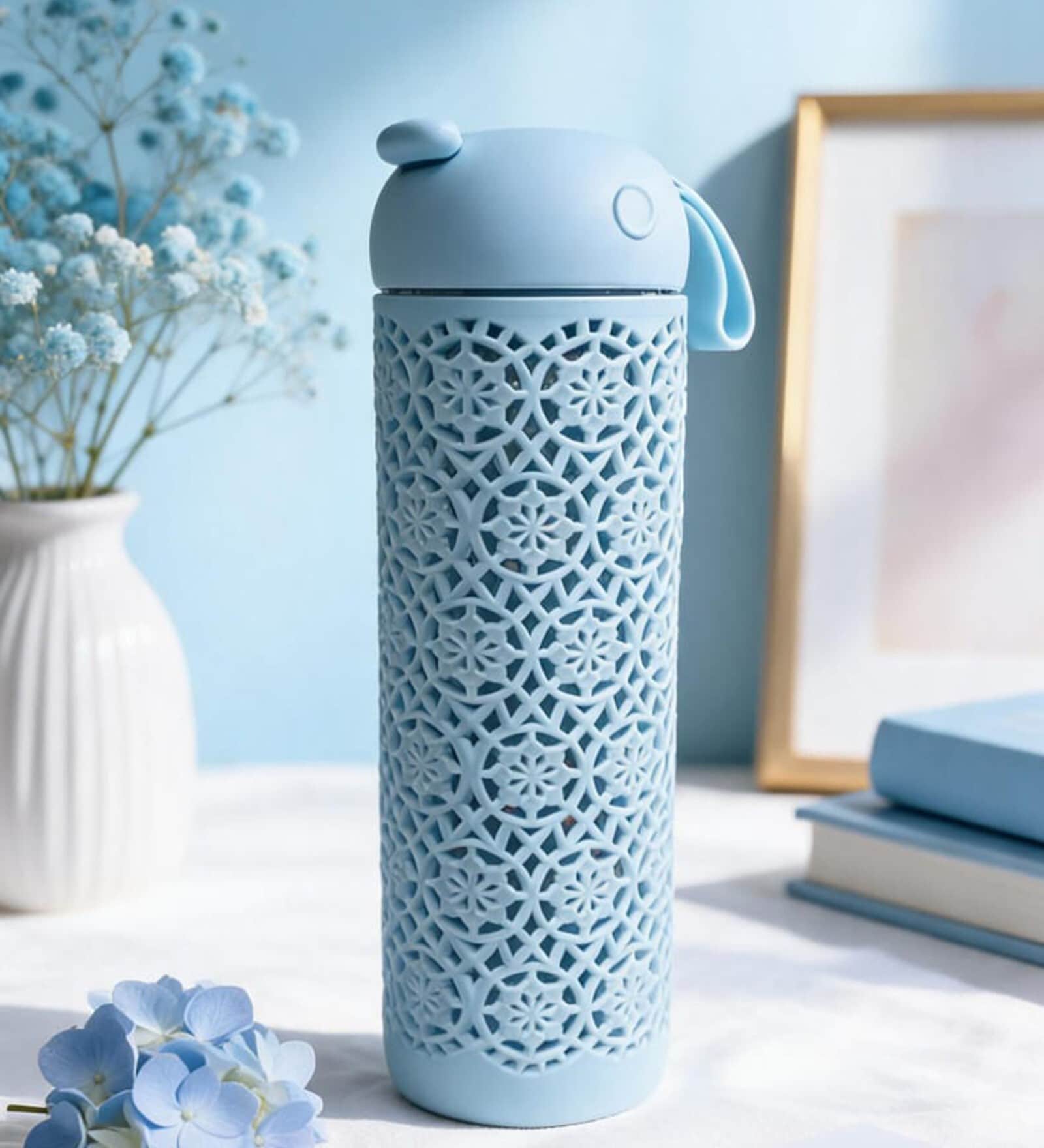Blue Jali Pattern Plastic Water Bottle with Carrying Strap, 500 ml