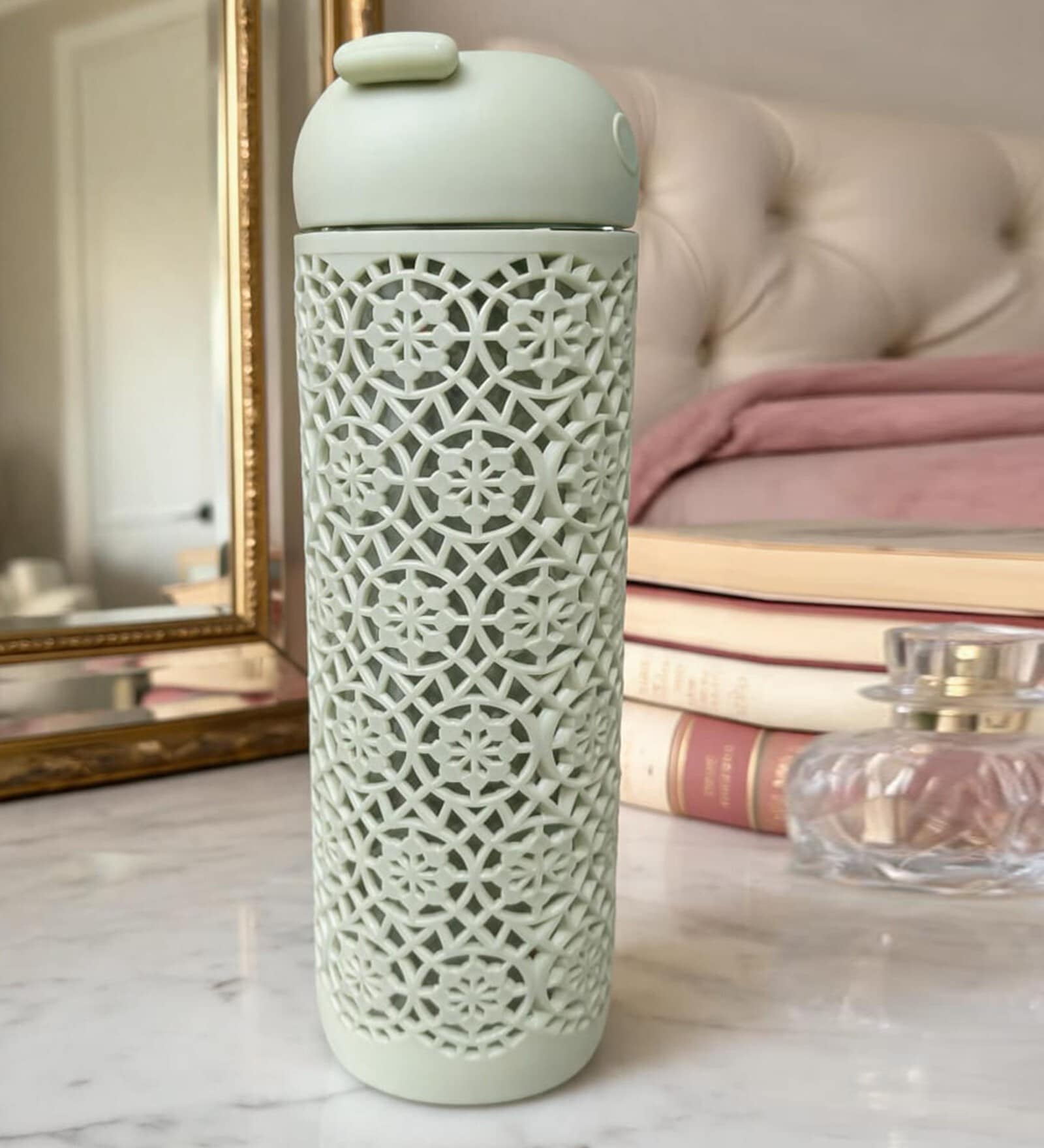 Green Jali Pattern Plastic Water Bottle with Carrying Strap, 500 ml