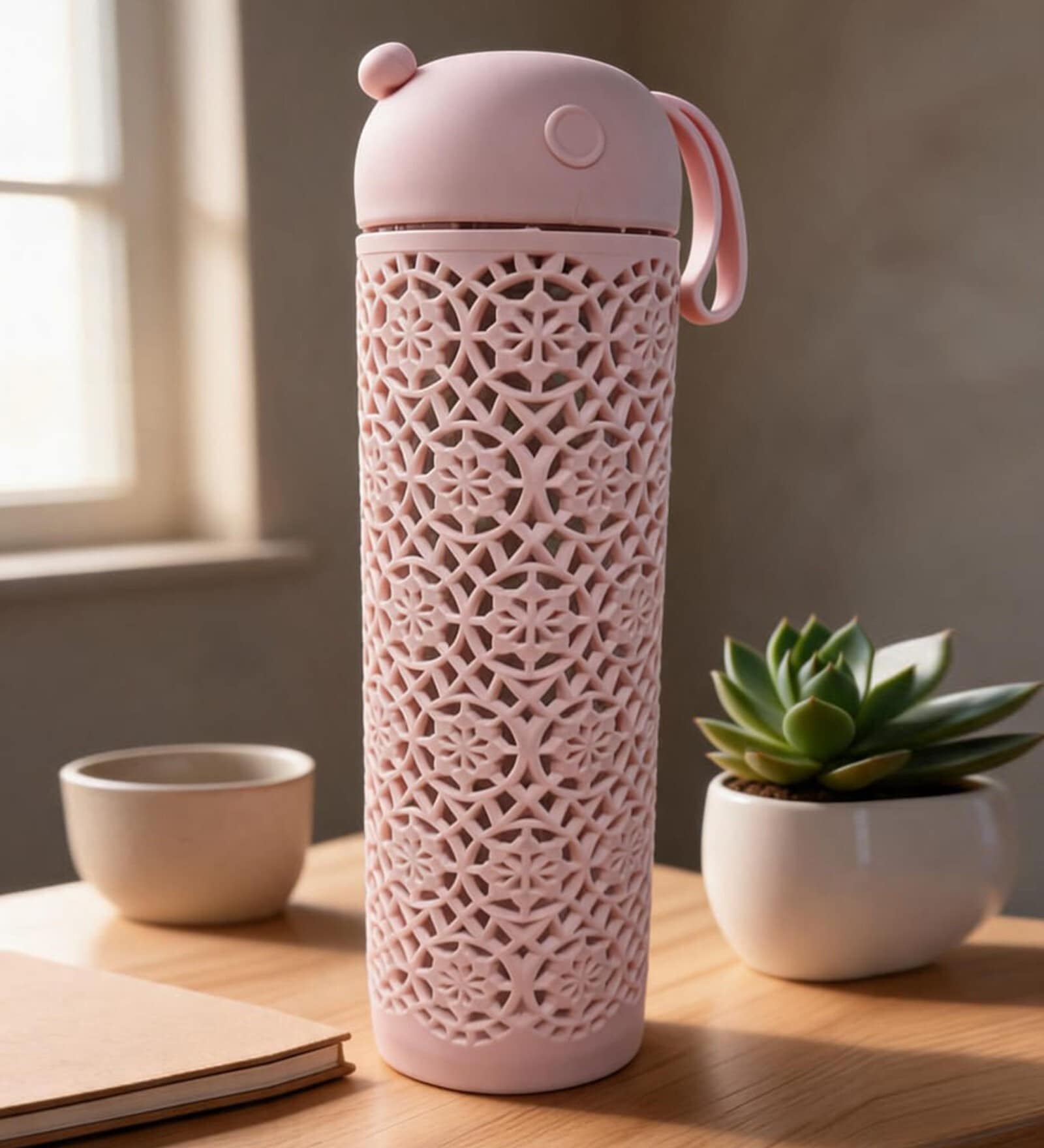 Pink Jali Pattern Plastic Water Bottle with Carrying Strap, 500 ml