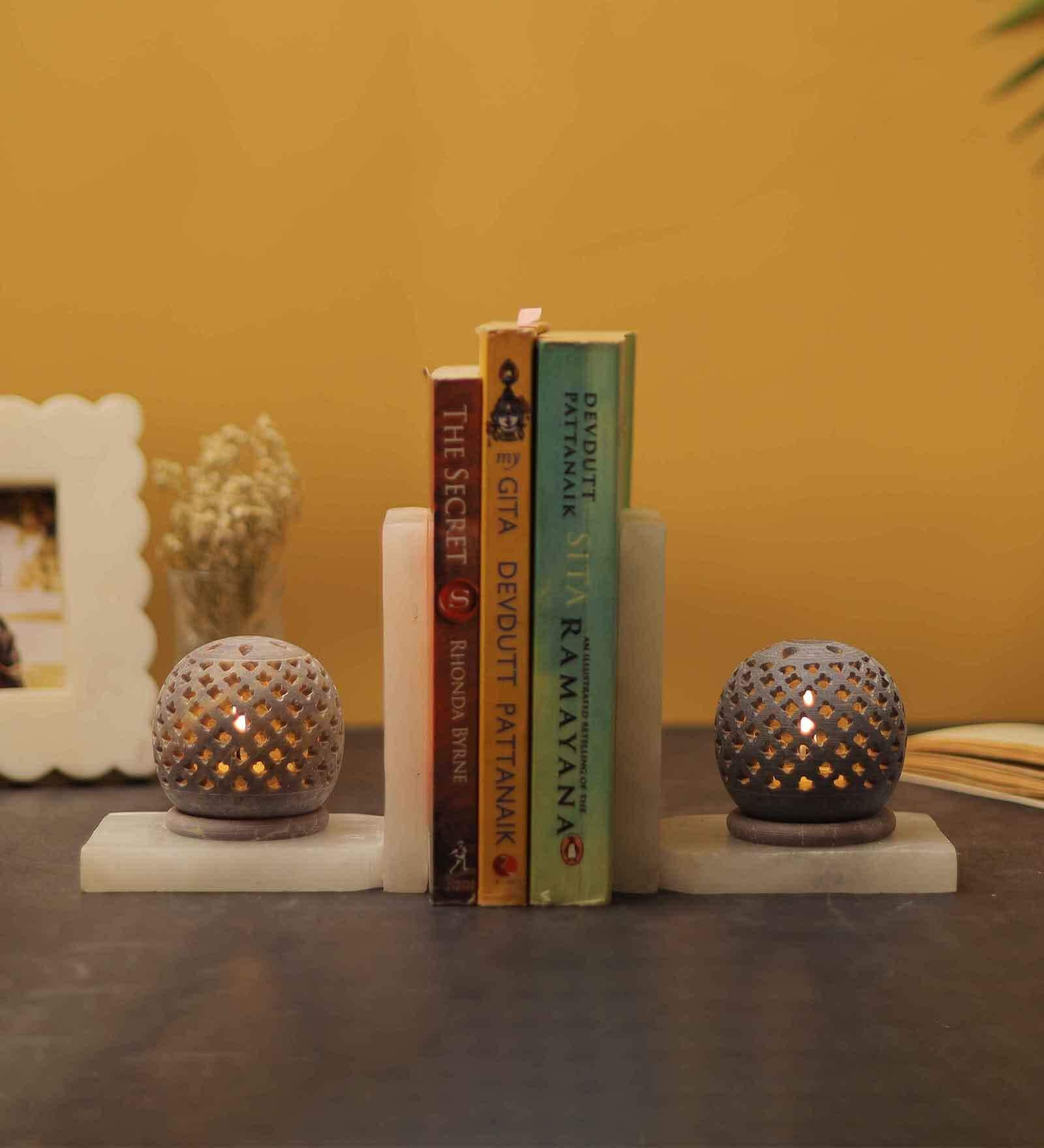 Jali Set Of 2 White Soapstone & Marble Bookends