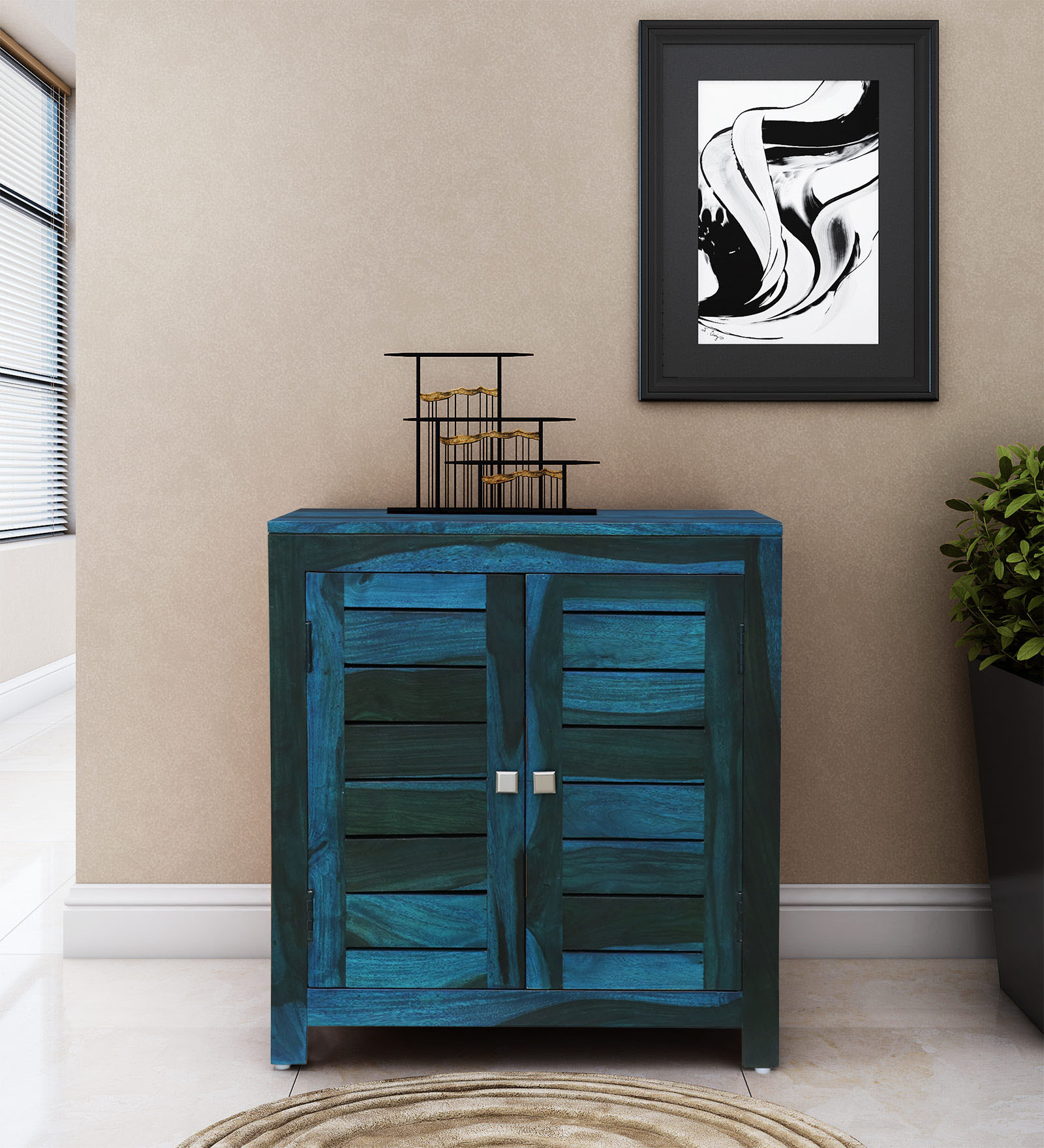 Jaula Sheesham Wood Shoe Cabinet in Ocean Blue Finish