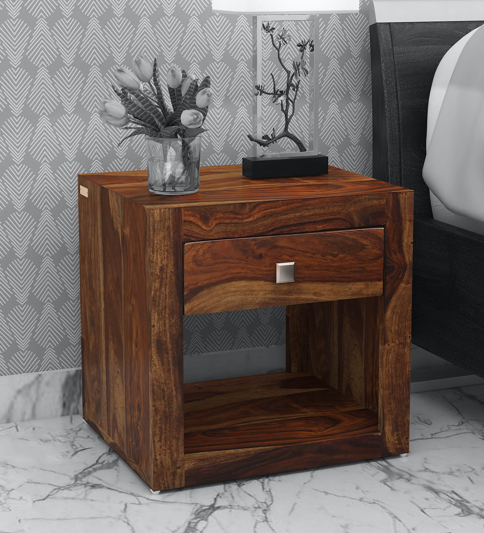 Jaye Sheesham Wood Night Stand in Rustic Teak Finish