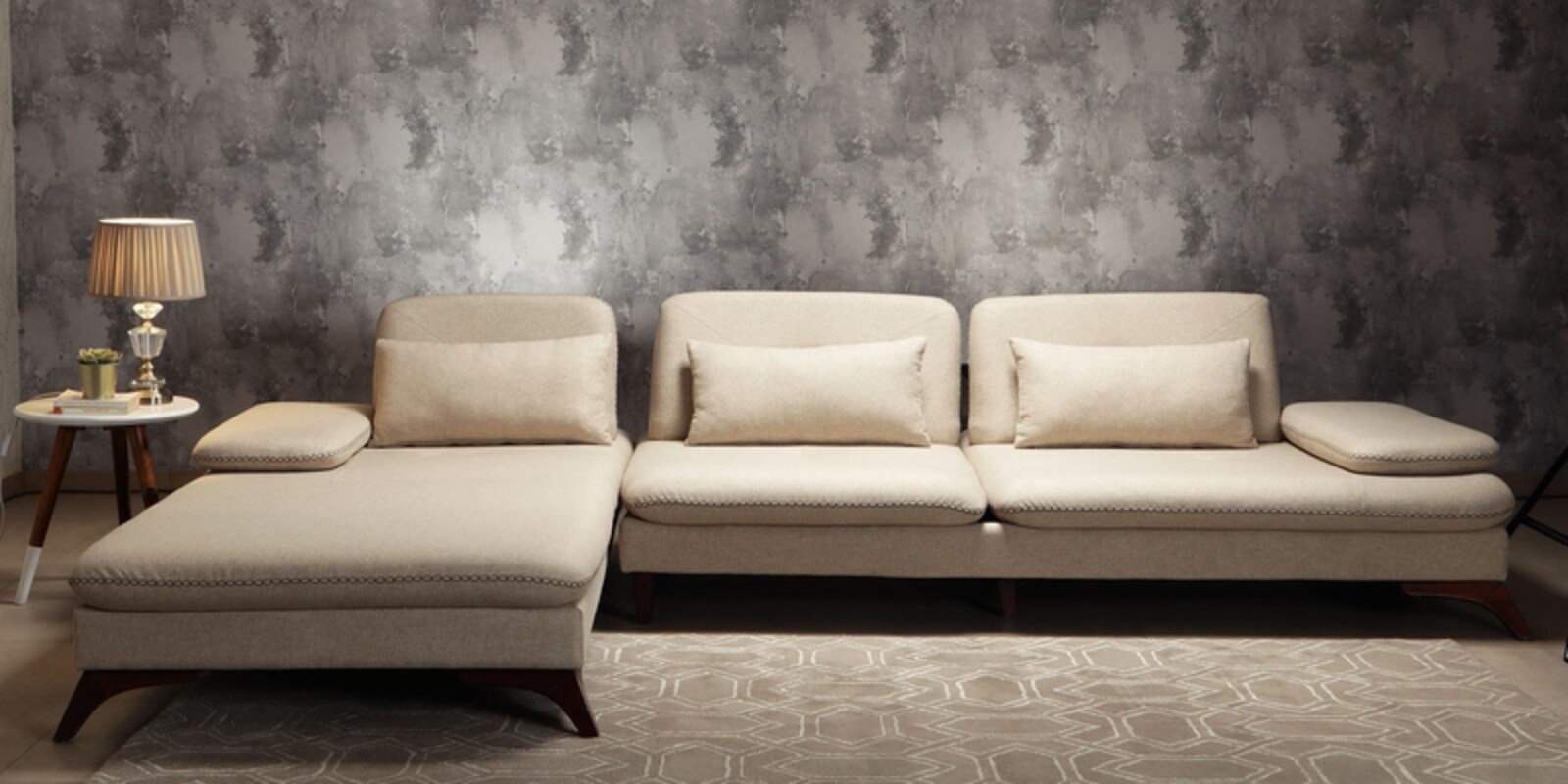 Jauna Fabric RHS Sectional Sofa (3 + Lounger) in Beige Colour