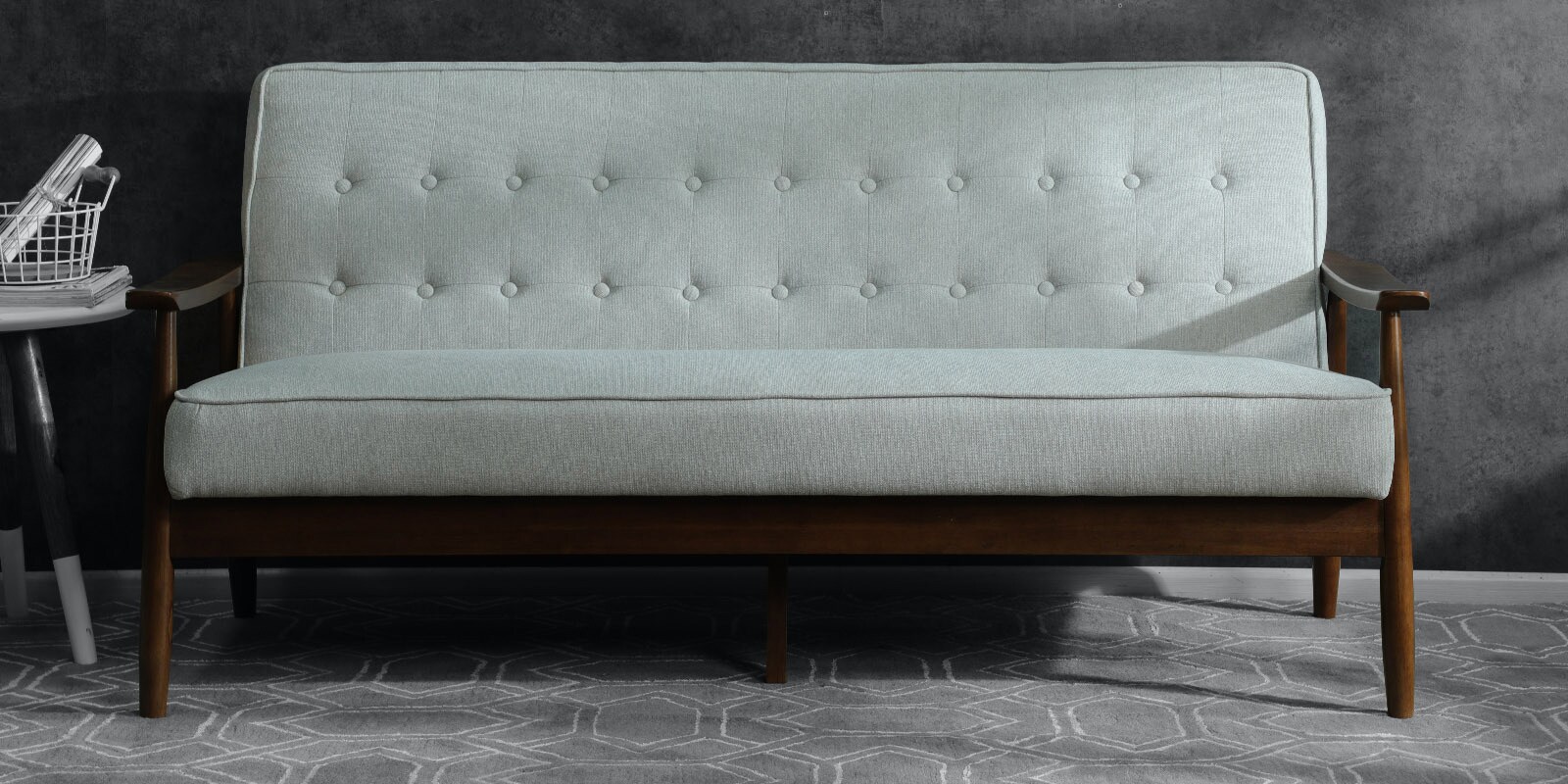 Buy Jazmin 3 seater Sofa in Light Grey Colour with Brown Oak Finish by