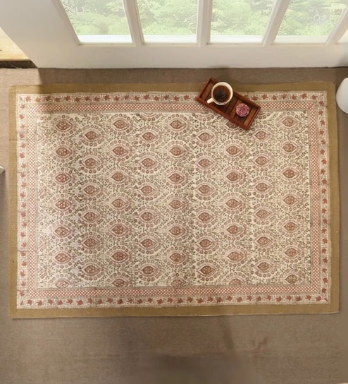 Jaipuri Handprinted Block Print Cotton 3x5 ft Rug Ivory and Rust