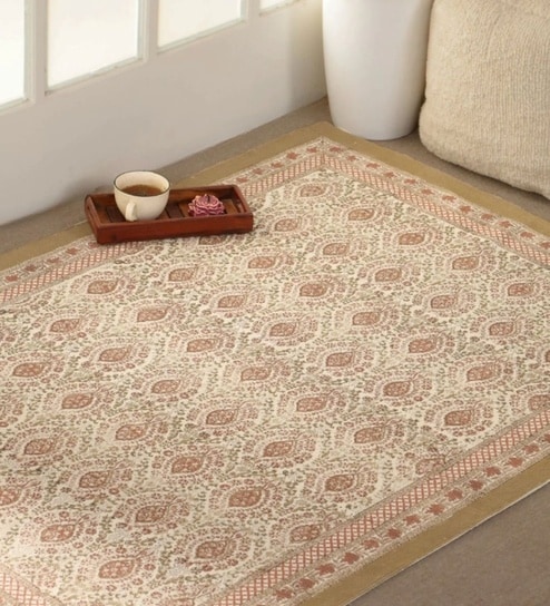 Jaipuri Handprinted Block Print Cotton 3x5 ft Rug Ivory and Rust
