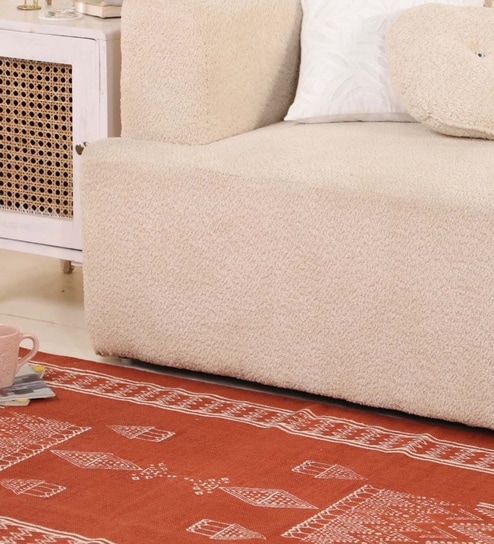 Jaipuri Handprinted Block Print Cotton 3x5 ft Rug Rust