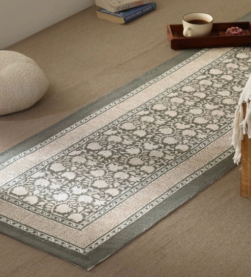 Jaipuri Handprinted Block Print Cotton 4x6 ft Rug Charcoal & Ivory