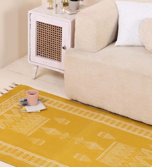 Jaipuri Handprinted Block Print Cotton 4x6 ft Rug Honey Mustard