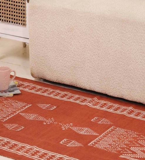 Jaipuri Handprinted Block Print Cotton 4x6 ft Rug Rust