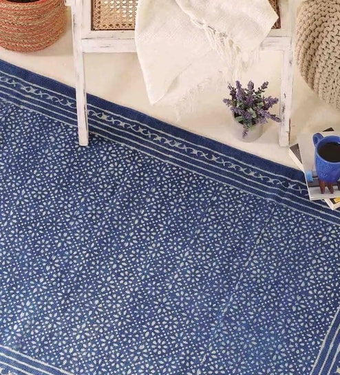 Jaipuri Handprinted Block Print Lattice Design Cotton 3x5 ft Rug Indigo