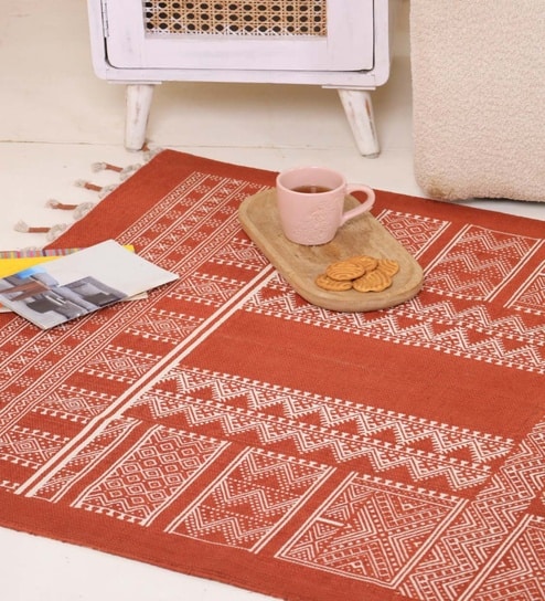 Jaipuri Handprinted Block Print Mandala Hut Design Cotton 3x5 ft Rug Rust