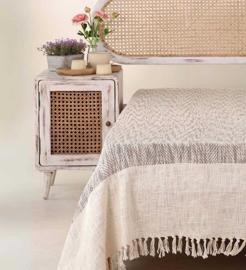 Off White & Brown Jaipuri Handprinted Cotton King Bedsheet With 2 Pillow Covers