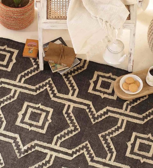 Jaipuri Handwoven Block Print Cotton 4x6 ft Rug Monochrome