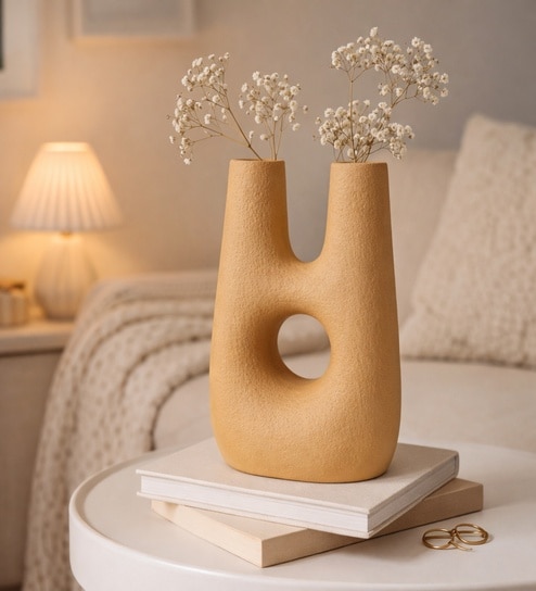 ashnam Jaune Ocre Modern Abstract Dual-Neck Decorative Vase-picture-27