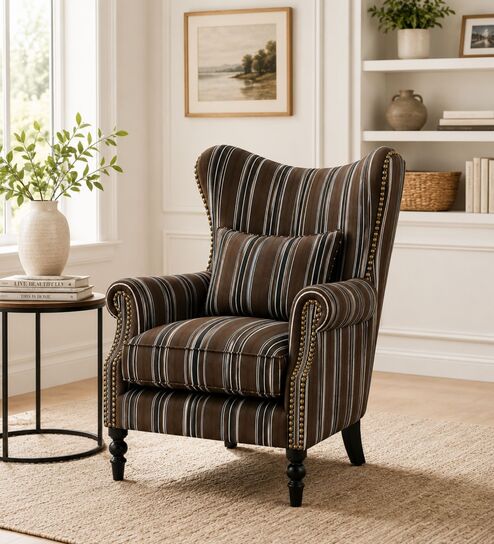 Jaxon Teak Wood Wing Chair With Suede Fabric In Brown Colour