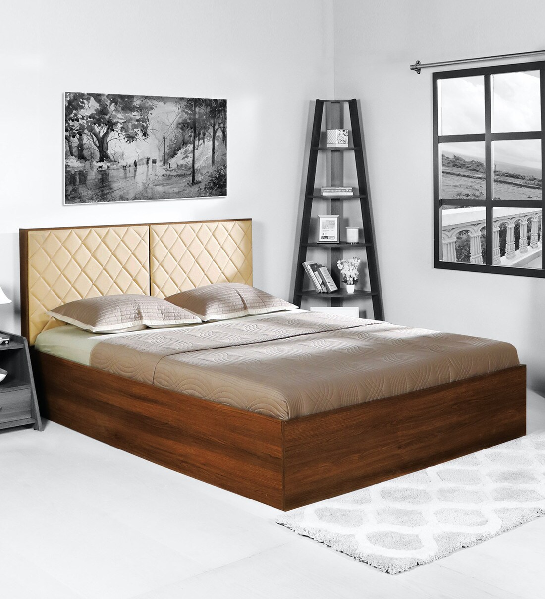 Buy Jean Queen Size Upholstered Bed with Storage In Light Brown Finish ...