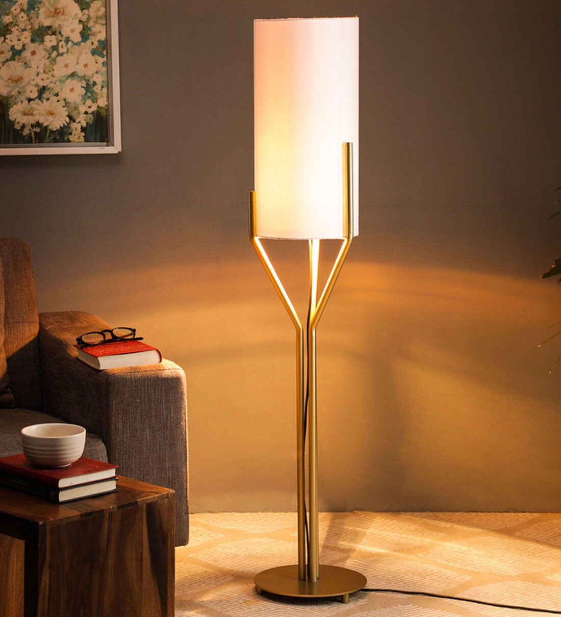 Buy Jensen White Fabric Shade Floor Lamp with Brown Base by Bohemiana