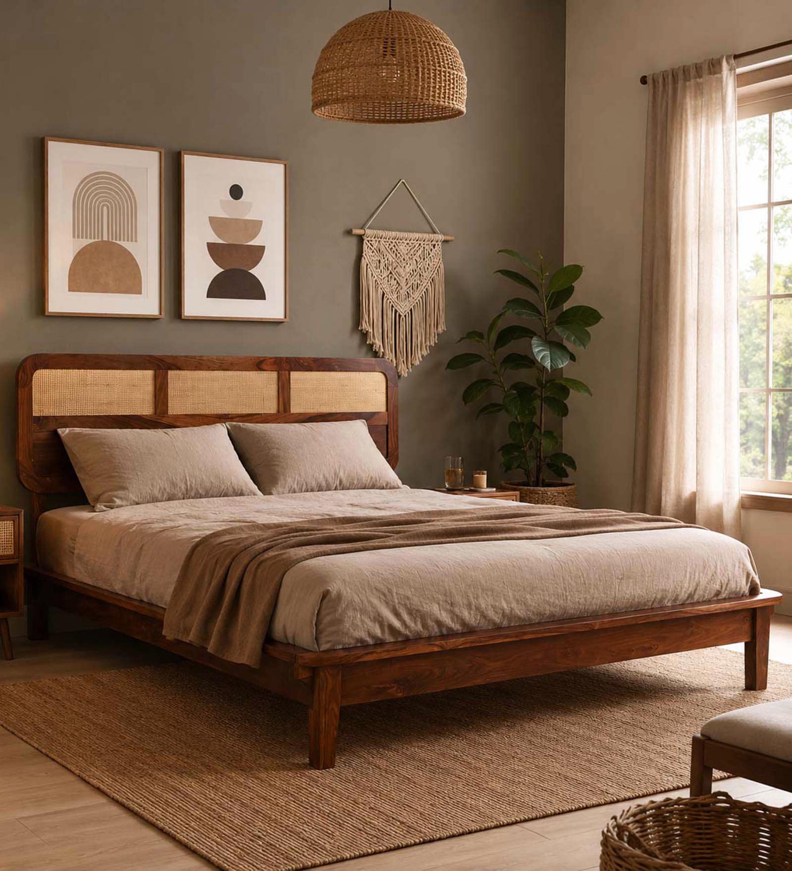 Malmo Sheesham Wood King Size Platform Bed  In Honey Oak Finish