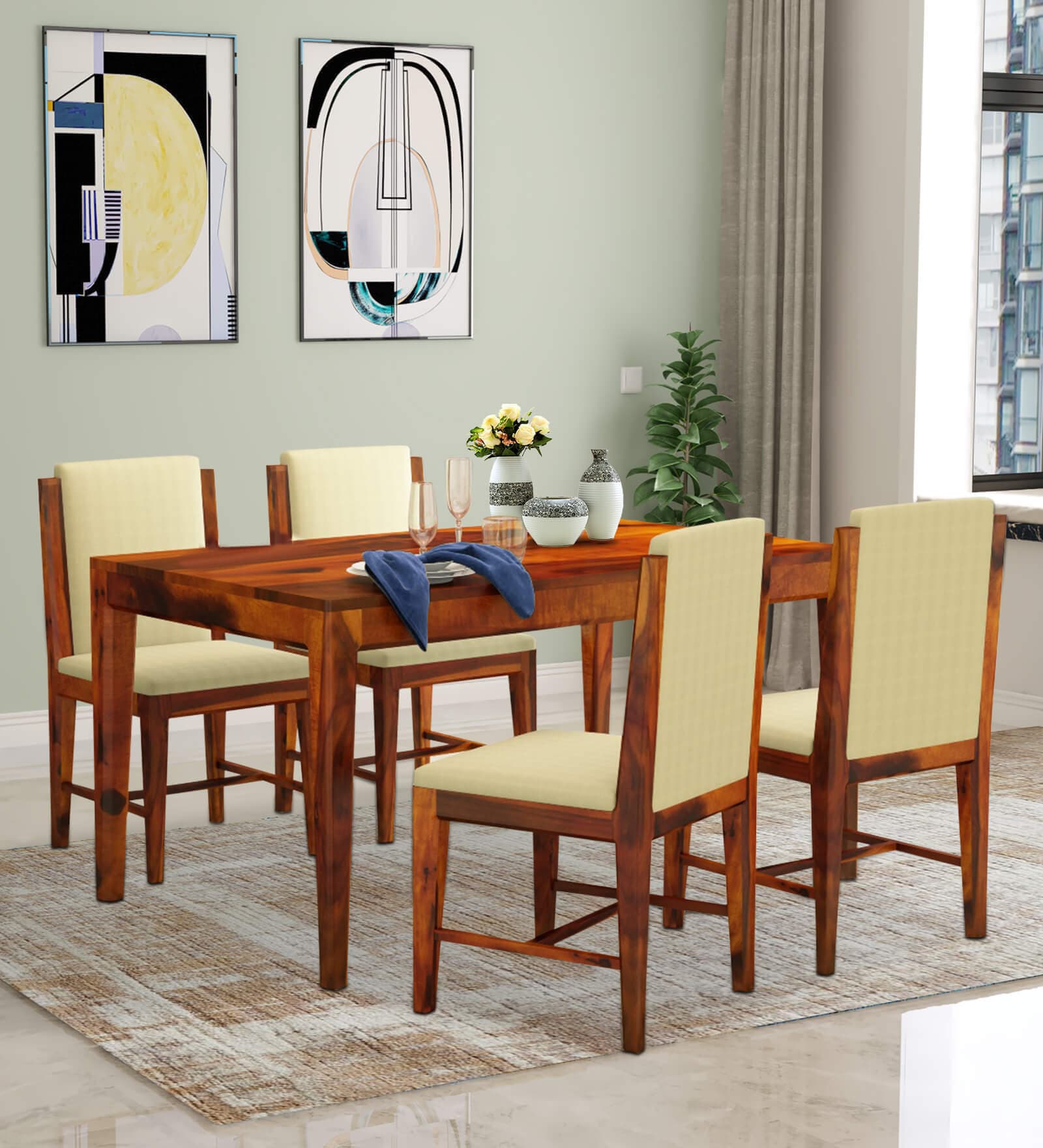 Jeck Solid Wood 4 Seater Dining Set In Honey Finish