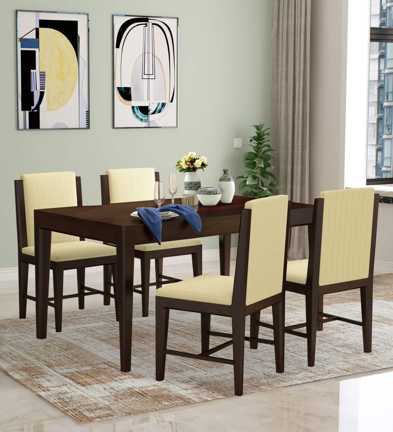 Jeck Solid Wood 4 Seater Dining Set In Walnut Finish
